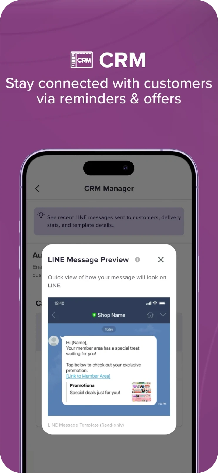 GoWabi POS CRM manager with a LINE message preview