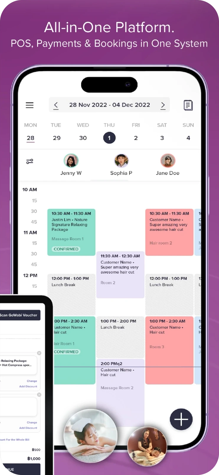 GoWabi POS calendar on phone with the all-in-one platform headline