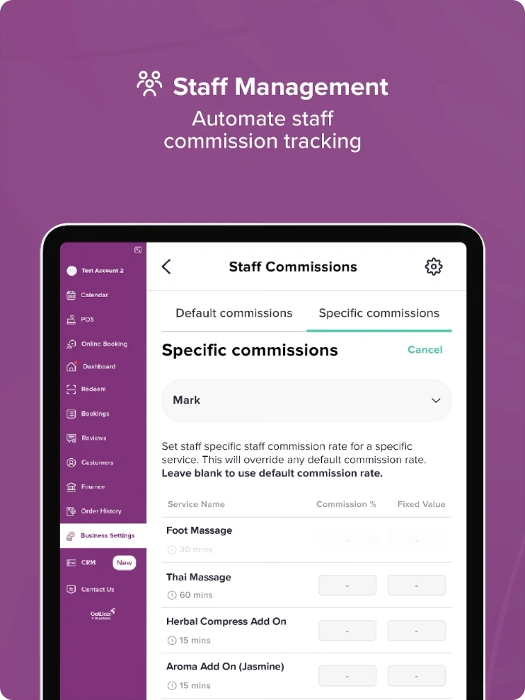 GoWabi POS staff commissions on tablet