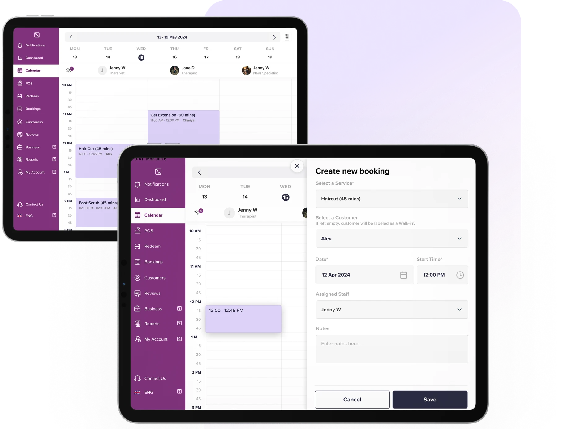 GoWabi POS calendar and new booking form on tablet