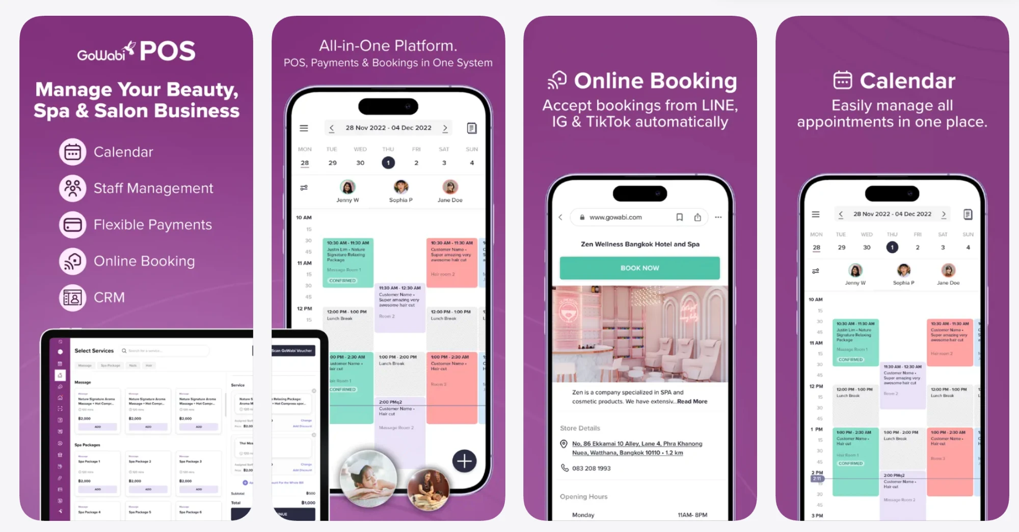GoWabi POS app store screens: all-in-one platform, calendar, online booking