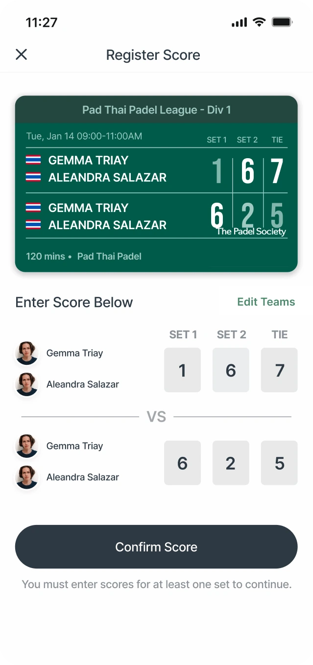 The Padel Society register score screen with a scoreboard card and score boxes for each set
