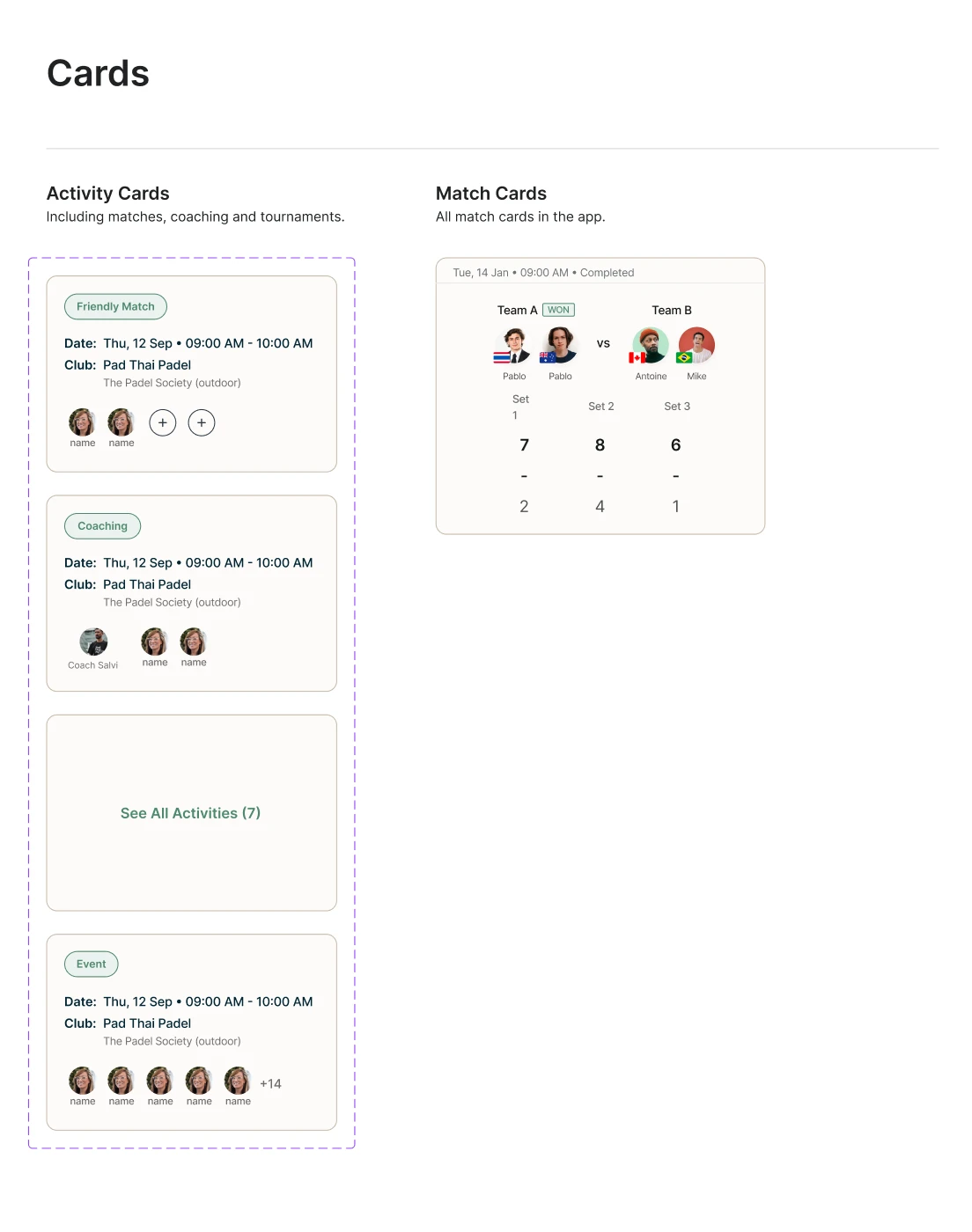 Design system sheet: activity cards and match cards