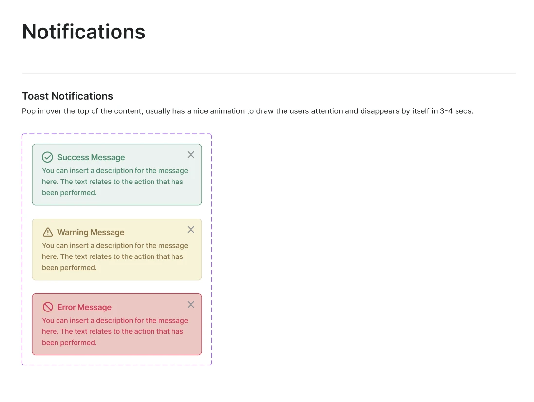 Design system sheet: success, warning and error toast notifications