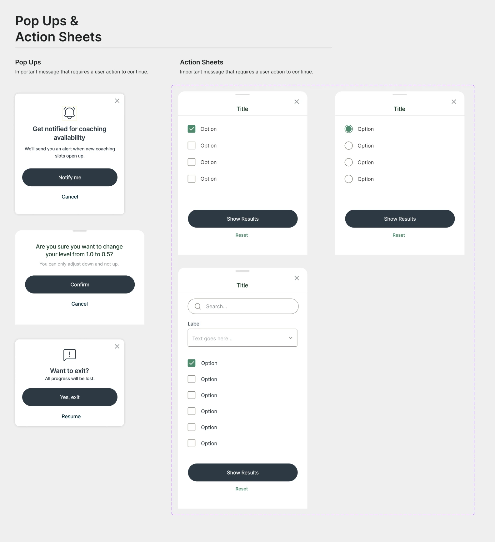 Design system sheet: pop-ups and action sheets with check box, radio and search options