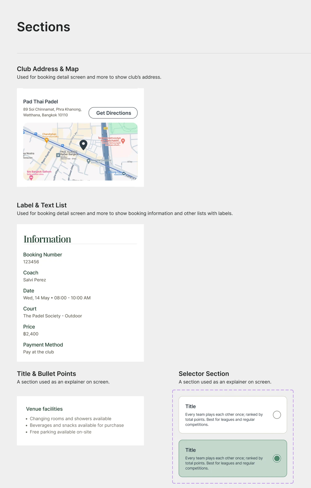 Design system sheet: club address and map, label and text list, title and bullet points, selector section