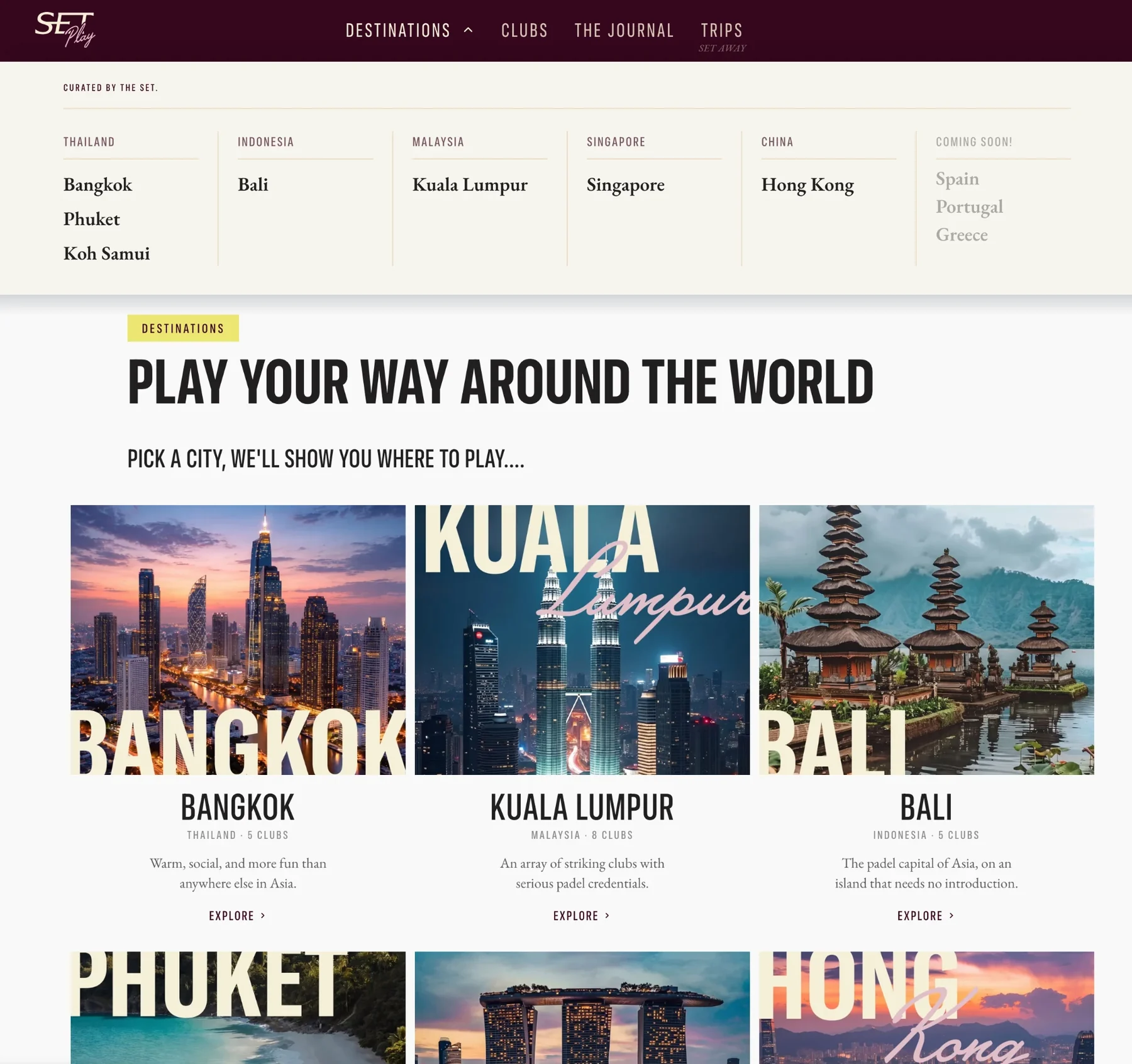 The SET site after the redesign: the destinations menu open above the play your way around the world section
