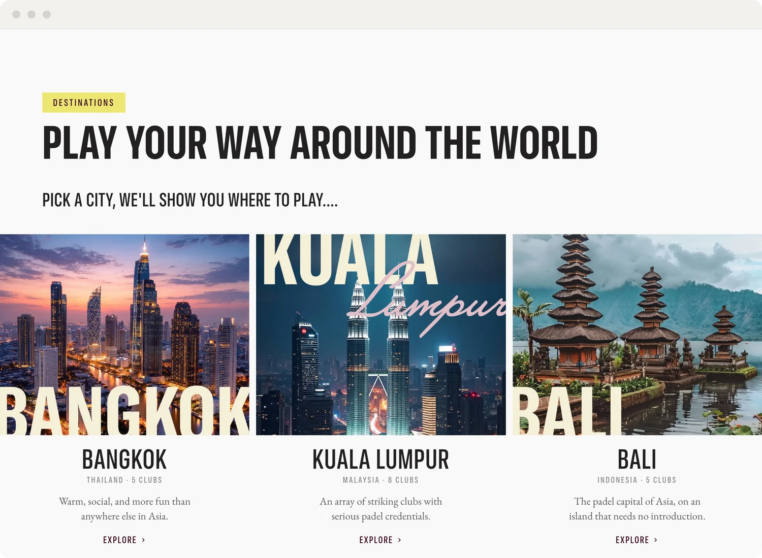 SET destinations section with Bangkok, Kuala Lumpur and Bali cards