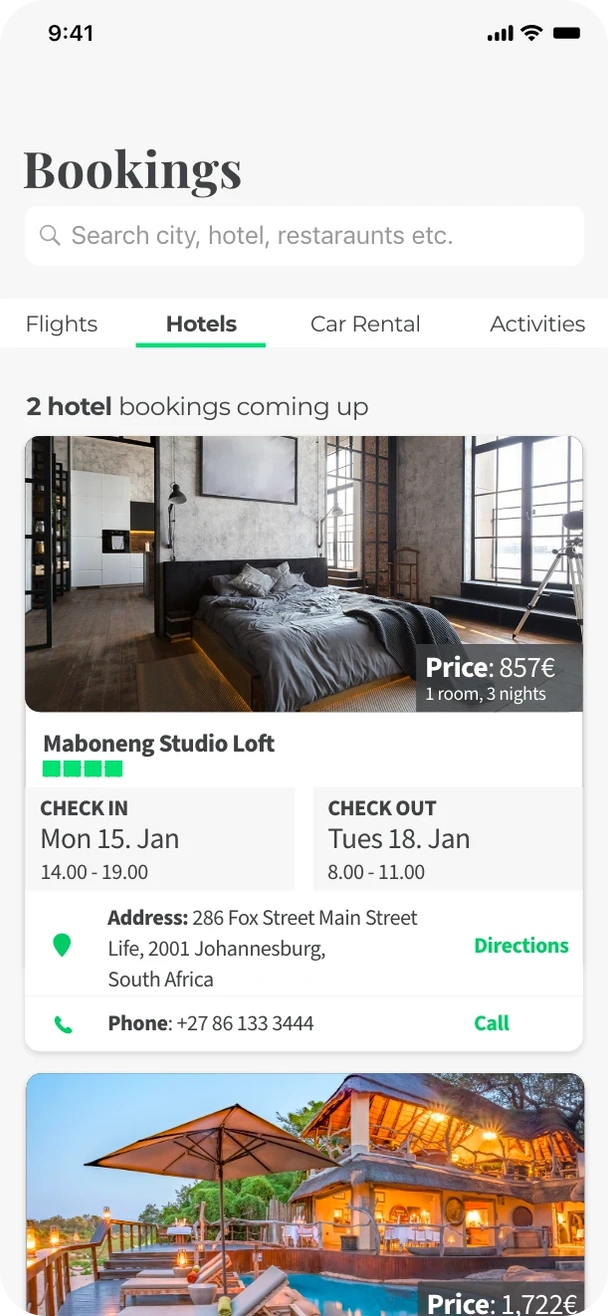Tourlane prototype hotel bookings with price, check-in and check-out